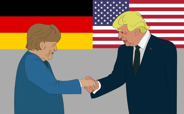 JULY, 2017: Ilustrasi editorial Presiden Amerika Serikat Donald Trump dan Kanselir Jerman Angela Merkel pada latar belakang bendera Amerika Serikat dan Jerman . - Stok Vektor