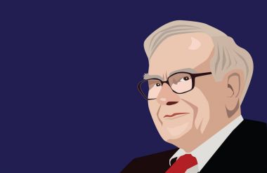 Temmuz, 2017: Ünlü yatırımcı ve ekonomist Warren Buffett vektör portre mavi bir arka plan üzerinde.