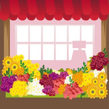 Çiçekçinin bir tasviri. Küçük şirin bir retro ev ve mağaza, yeşil tenteli bir butik. Çiçek binası. Tüketici saksısı. Vektör düz biçim simgesi. Çiçekçi dükkânı. Güzel bitkiler