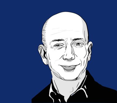 Kasım, 2016: Ünlü girişimci, kurucu ve en zengin adamı Jeff Bezos vektör portre mavi bir arka plan üzerinde.