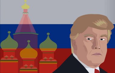Aralık, 2017: Donald Trump portre Rus bayrağı arka plan üzerinde. Amerika Birleşik Devletleri Başkanı Donald Trump ve Rus bayrağı ve kilise vektör çizim arka plan olarak.