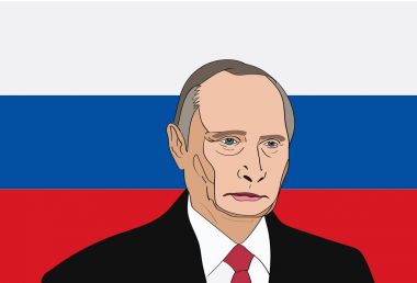 Aralık, 2017: Devlet başkanı Rusya Vladimir Putin vektör portre Rus bayrağı arka plan üzerinde