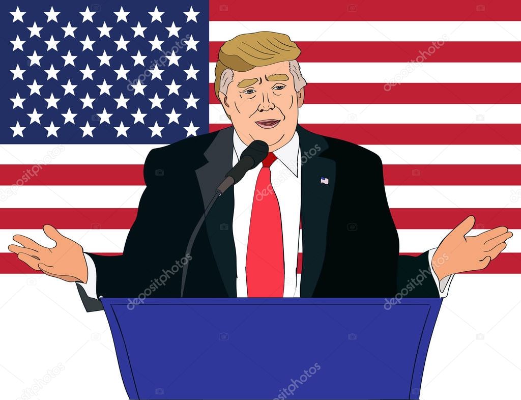 Dec Us President Donald Trump Speaking Vector Portrait On The Us Flag Background 177511504 Larastock