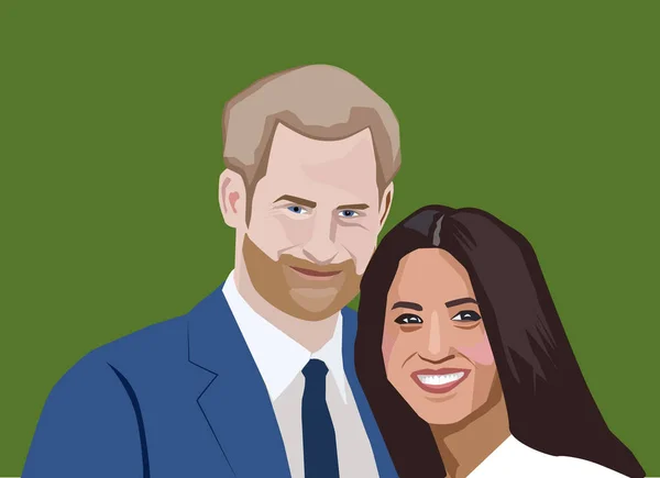 Londra, Regno Unito - Feb, 2020: ritratto vettoriale del principe Harry e Meghan Markle. Coppia reale Harry e Megan — Vettoriale Stock