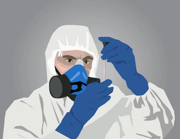 Doutor em terno protetor segurando teste de sangue em um hospital.Ilustração — Vetor de Stock
