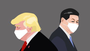 US President Donald Trump and Chinas leader Xi wearing a protective mask. Need to cooperate to Fight Coronavirus. Vector illustration. clipart