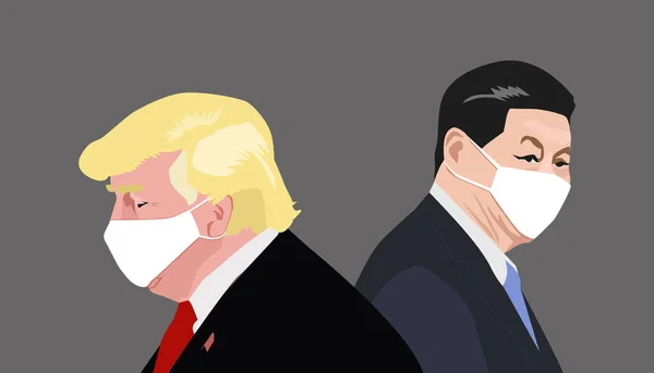 O presidente dos EUA Donald Trump e o líder Chinas Xi usando uma máscara protetora. Precisa cooperar para combater o Coronavírus. Ilustração vetorial . — Vetor de Stock