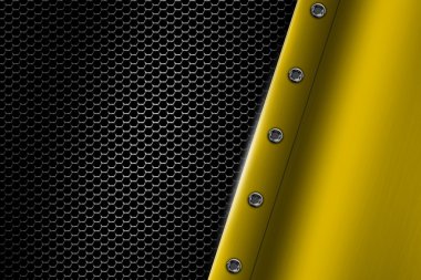 Sarı metal arka plan gri metalik kafes üzerinde perçin ile.