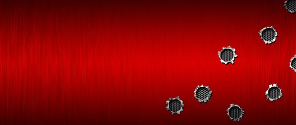 bullet hole on red metallic mesh and metal background textured. 3d illustration. extreme widescreen ratio.