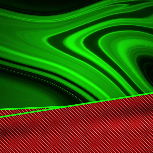 red carbon fiber on green liquid metal color. funny background and texture. 3d illustration. square banner ratio.