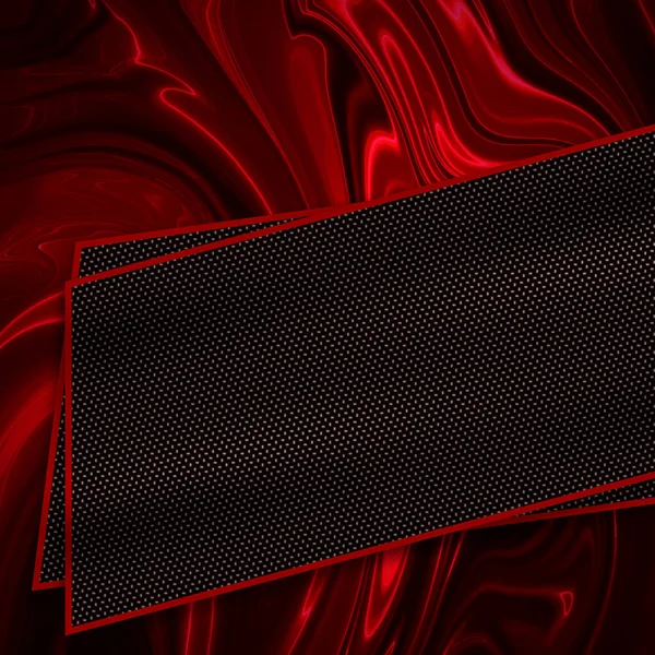 red and black carbon fiber on red liquid metal color. funny background and texture. 3d illustration. square banner ratio.