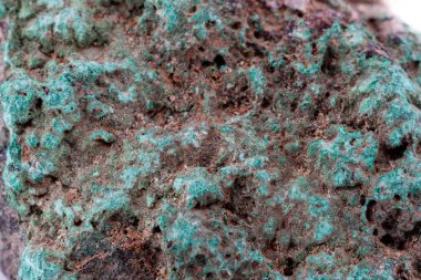 Beyaz bir arka plan üzerinde taş makro mineral malakit