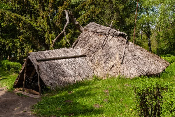 Antigua casa con techo de ramitas y heno — Foto de Stock