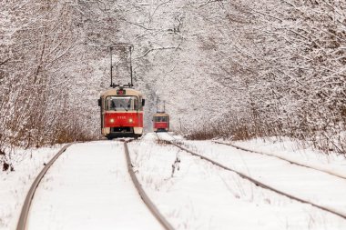 Eski bir tramvay bir kış orman yoluyla taşıma