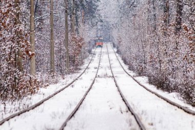Eski bir tramvay bir kış orman yoluyla taşıma