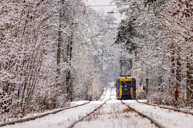 Eski bir tramvay bir kış orman yoluyla taşıma