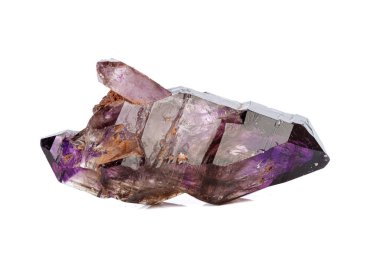 macro mineral stone Amethyst on smoky quartz on a white backgrou
