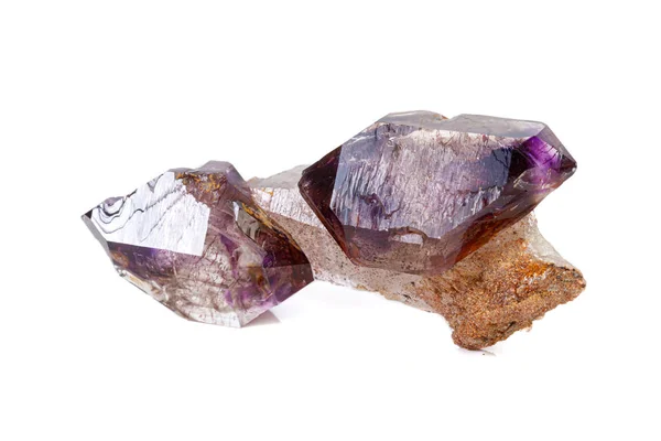 Macro mineral stone Amethyst on smoky quartz on a white backgrou — Stok fotoğraf