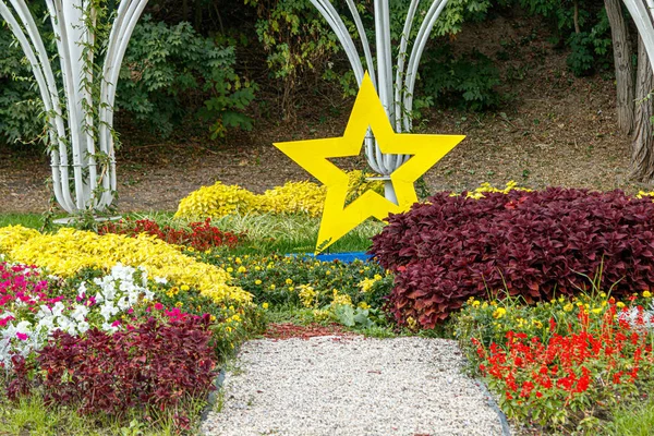 Estrela amarela ao lado de um canteiro de flores na grama verde — Fotografia de Stock