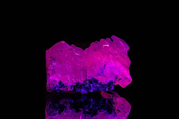 macro mineral stone calcite under ultraviolet light on a black b