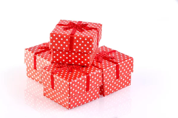 Beautiful new year red gift boxes on white background Stock Photo