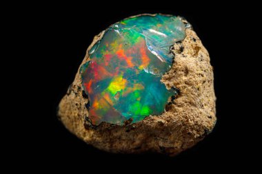 Makro mineral taşı nadir ve güzel opalleri siyah bir taşın üzerinde