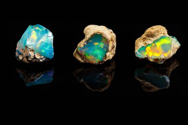 Makro mineral taşı nadir ve güzel opalleri siyah bir taşın üzerinde