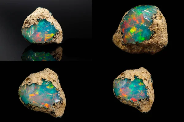 Macro mineral stone rare and beautiful opals on a black backgrou — 스톡 사진