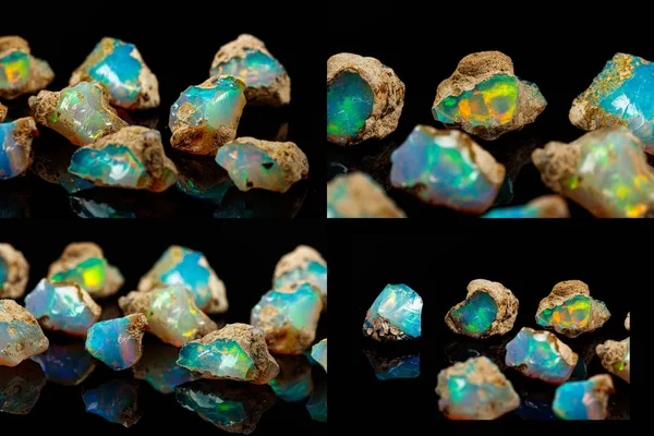 Macro mineral stone rare and beautiful opals on a black backgrou — Stock Photo, Image