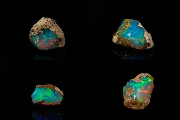 Makro mineral taşı nadir ve güzel opalleri siyah bir taşın üzerinde — Stok fotoğraf