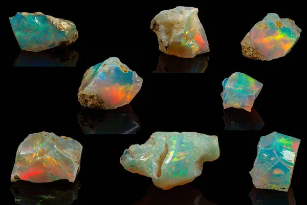 Macro mineral stone rare and beautiful opals on a black backgrou — 스톡 사진