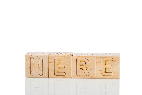 Wooden Cubes Letters Here White Background Close — Stock Photo, Image