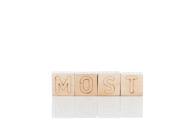 Wooden Cubes Letters Most White Background Close — Stock Photo, Image