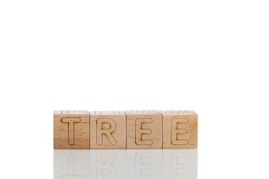 Beyaz arka planda harf ağaçlı tahta küpler.