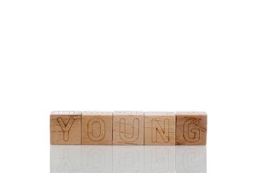 Beyaz arka planda genç harfleri olan tahta küpleri.