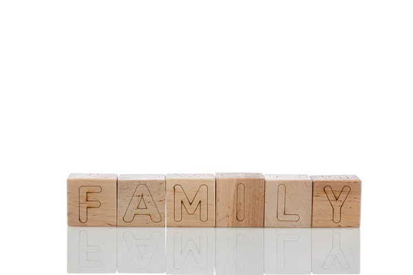 Wooden Cubes Letters Family White Background Close — Stock Photo, Image