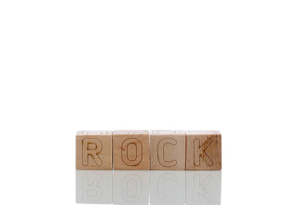 Dřevěné Kostky Písmeny Rock Bílém Pozadí Close — Stock fotografie