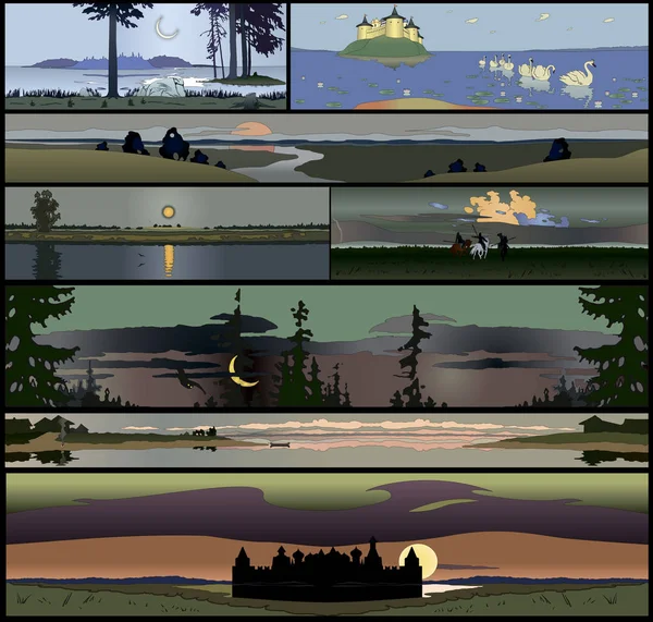 Set van 8 naadloze panoramical landschappen — Stockvector