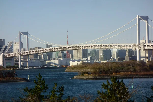 Γέφυρα Rainbow Από Πάρκο Odaiba Kaihin — Φωτογραφία Αρχείου