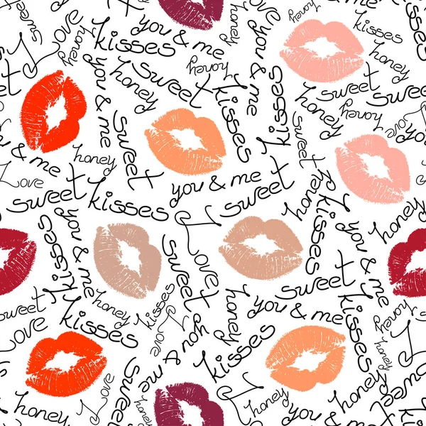 Modèle sans couture coloré avec des lèvres et des mots . — Image vectorielle