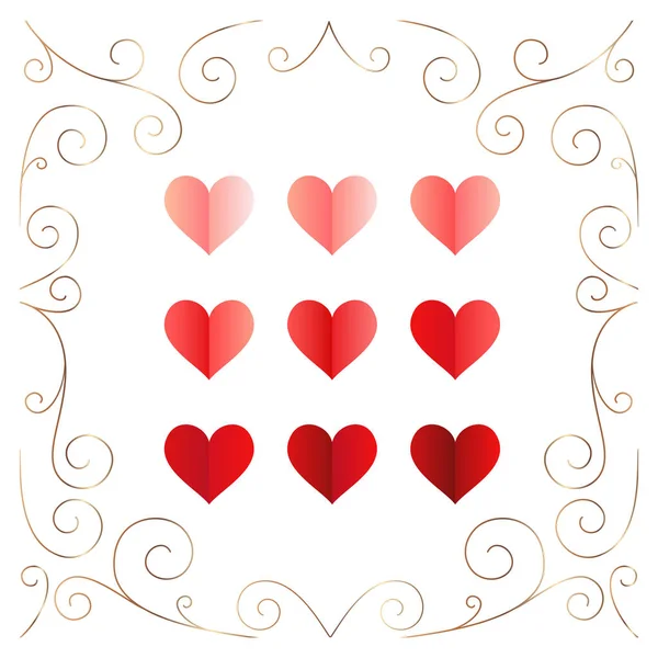 Conjunto Vectores Con Corazones Amor Marco Dorado — Vector de stock