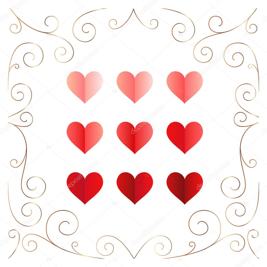 Vector set with love hearts and golden frame.