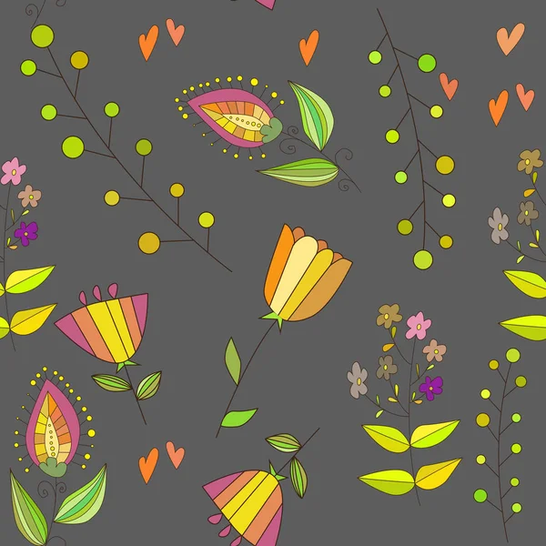 Pattern with plants and flowers. Seamless spring pattern. — Stock Vector