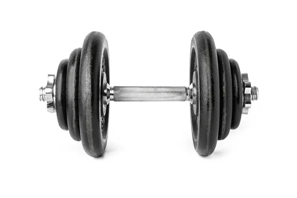 Black Metal Dumbbell Isolado Fundo Branco — Fotografia de Stock