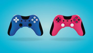 Gerçekçi Gamepad. Mavi ve pembe video oyun denetleyicileri. Vektör çizim.