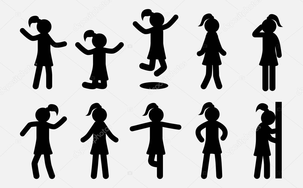 Simple Girl silhouettes set. Woman in different poses and actions. Female Female Icons.