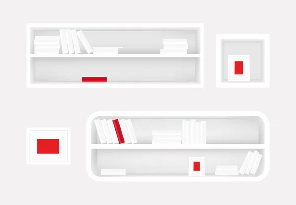 Estante branca e moldura da foto. Coleção de livros com um livro vermelho. Vetor realista. Para design de banners de móveis . —  Vetores de Stock