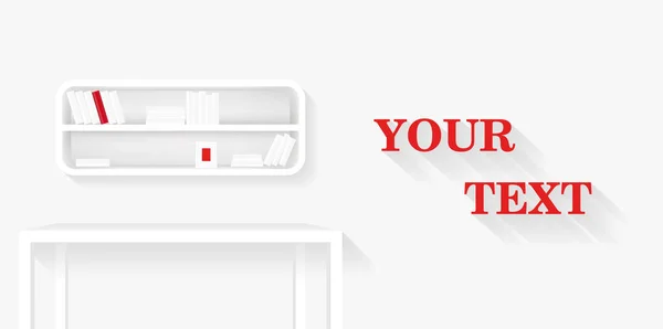 白色的书架，表和相框。藏书与一本红色的书。现实的向量。家具的横幅设计 — 图库矢量图片