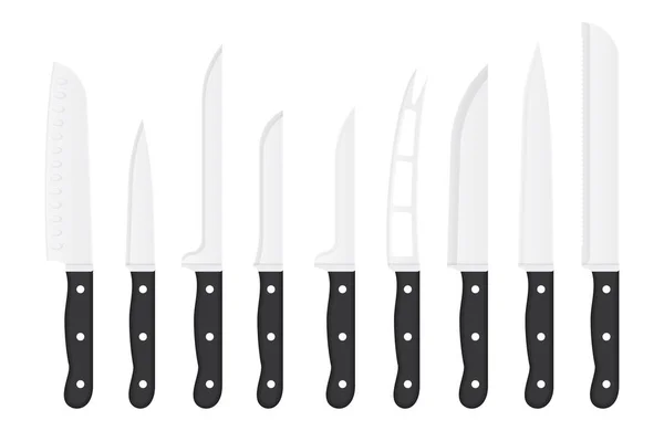 Conjunto de faca de cozinha com nomes de assinatura. Facas vectoriais isoladas . — Vetor de Stock