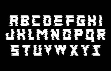 Aksaklık alfabe. Siyah ve beyaz yazı tipi distorsiyon etkisi ile. İzole vektör çizim.